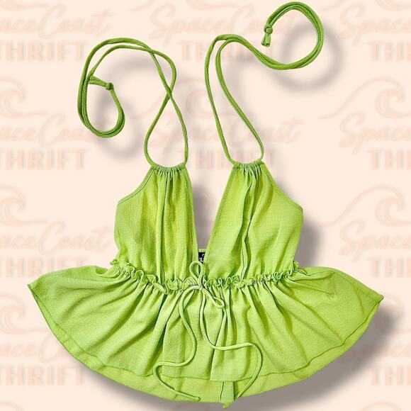 Gauzy Green Halter Top – Y2K Style Festival Clubwear Stretchy Crop Tank – Medium - Picture 3 of 5